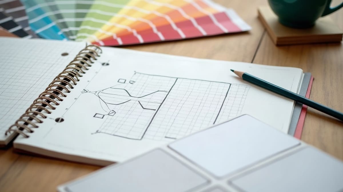 Nuancier, échantillons de papier et croquis de logo sur une table de travail