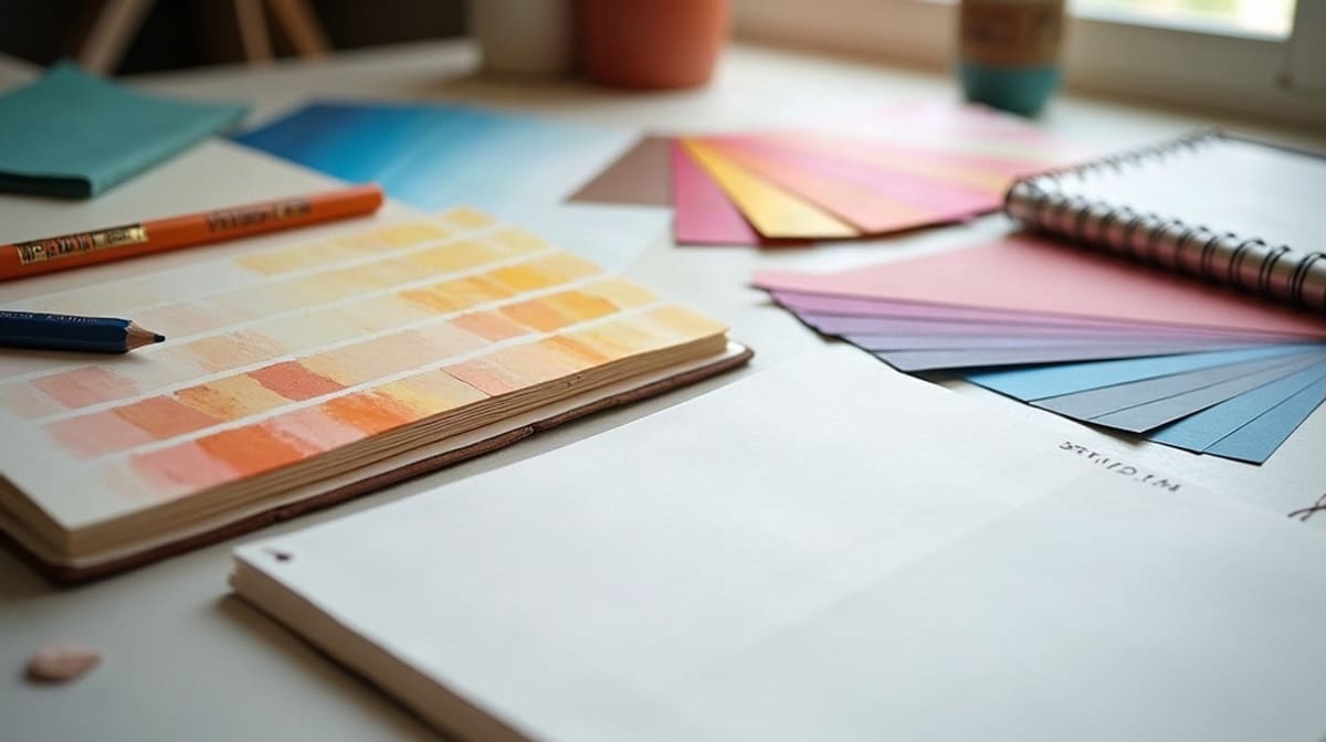 Nuancier et échantillons de papier colorés étalés sur une table de travail de bureau de création