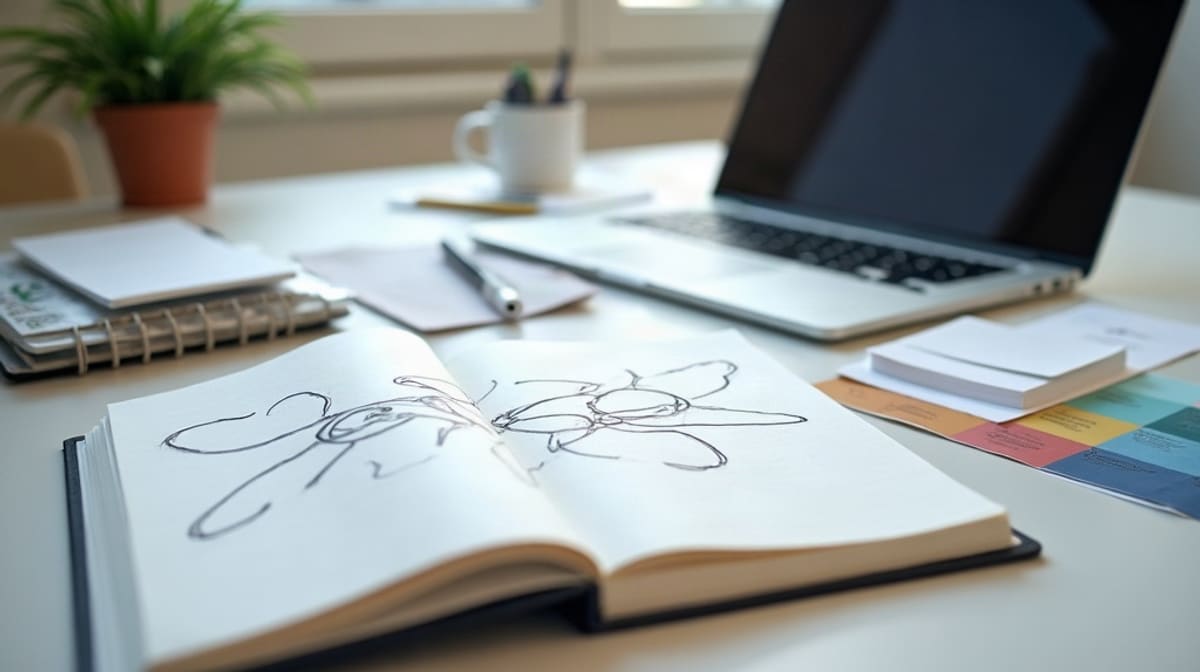 Bureau de travail avec carnet de schémas, cartes de visite vierges et ordinateur portable